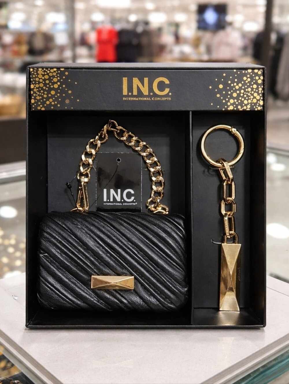 Macy's INC Black & Gold Card Holder Set with Bag Charm - NWT